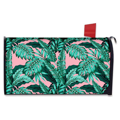 Teal Banana Leaves Pattern Print Mailbox Cover