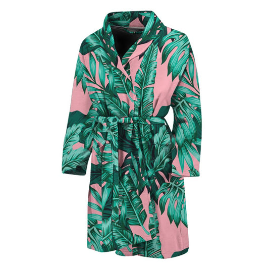 Teal Banana Leaves Pattern Print Men's Bathrobe