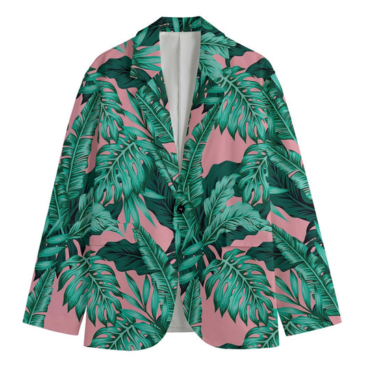 Teal Banana Leaves Pattern Print Men's Blazer