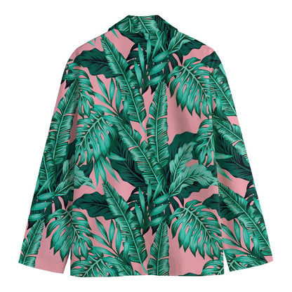 Teal Banana Leaves Pattern Print Men's Blazer