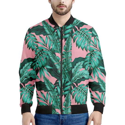 Teal Banana Leaves Pattern Print Men's Bomber Jacket