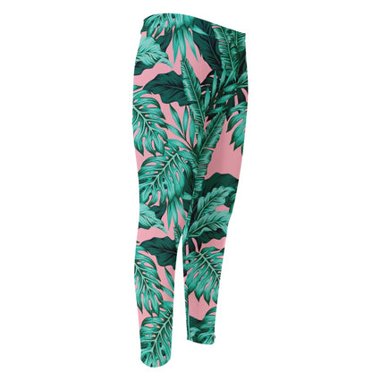 Teal Banana Leaves Pattern Print Men's Compression Pants