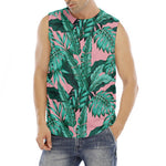 Teal Banana Leaves Pattern Print Men's Fitness Tank Top