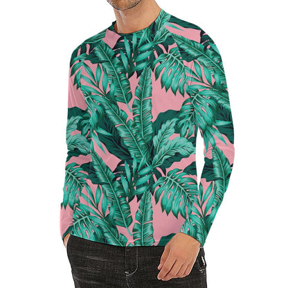 Teal Banana Leaves Pattern Print Men's Long Sleeve Rash Guard