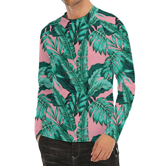 Teal Banana Leaves Pattern Print Men's Long Sleeve Rash Guard