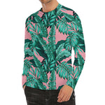 Teal Banana Leaves Pattern Print Men's Long Sleeve Rash Guard