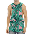 Teal Banana Leaves Pattern Print Men's Muscle Tank Top