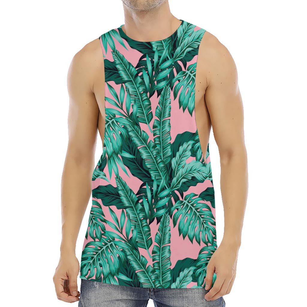 Teal Banana Leaves Pattern Print Men's Muscle Tank Top