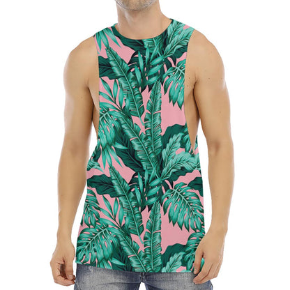 Teal Banana Leaves Pattern Print Men's Muscle Tank Top