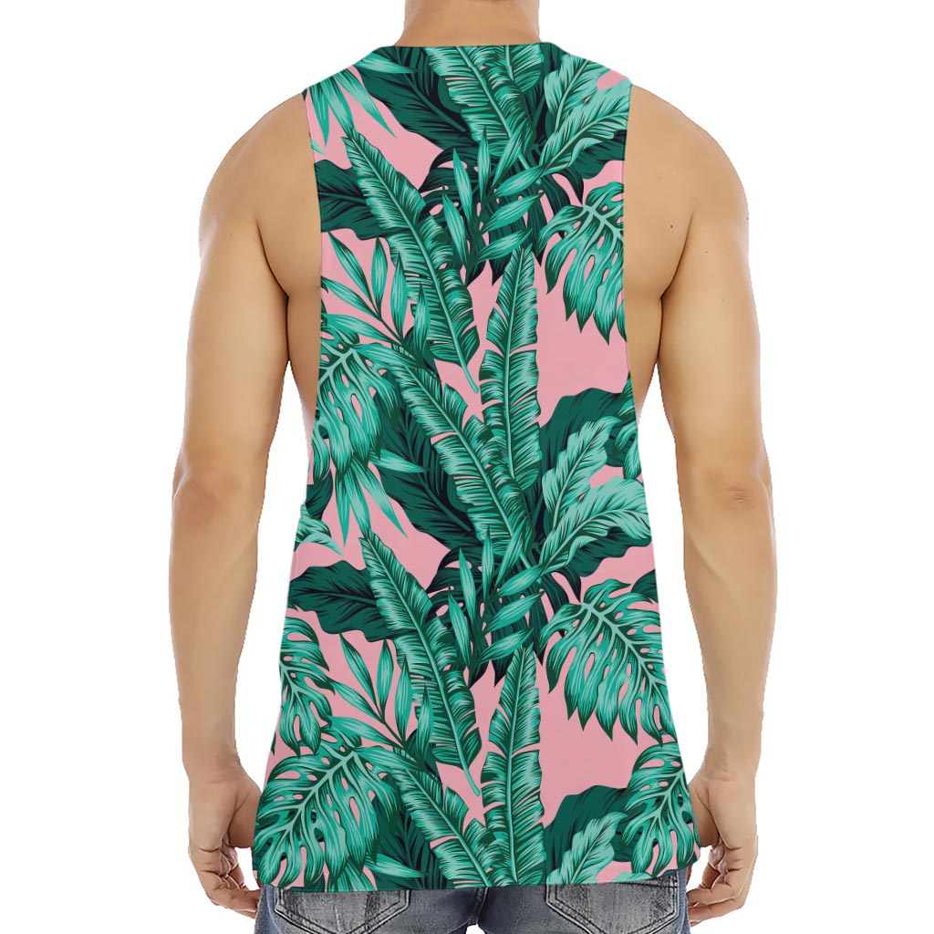 Teal Banana Leaves Pattern Print Men's Muscle Tank Top