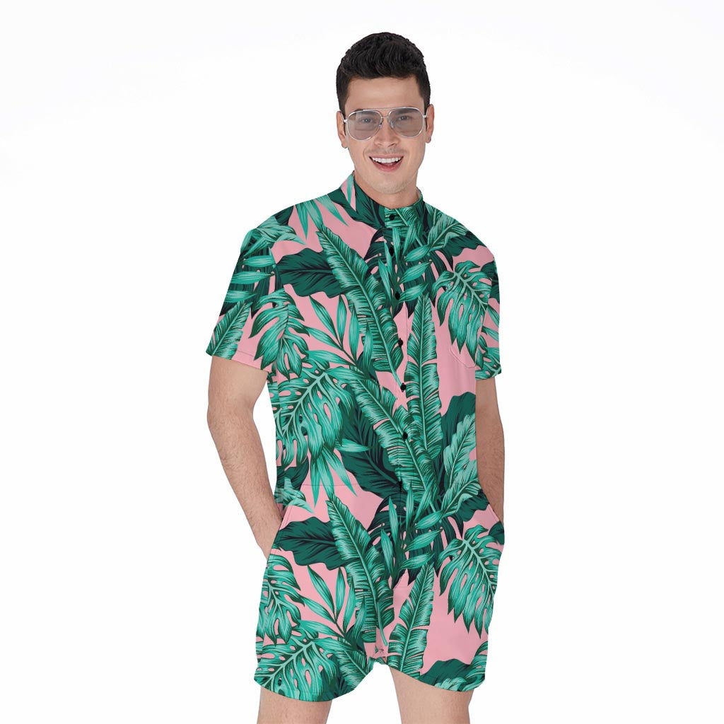 Teal Banana Leaves Pattern Print Men's Rompers
