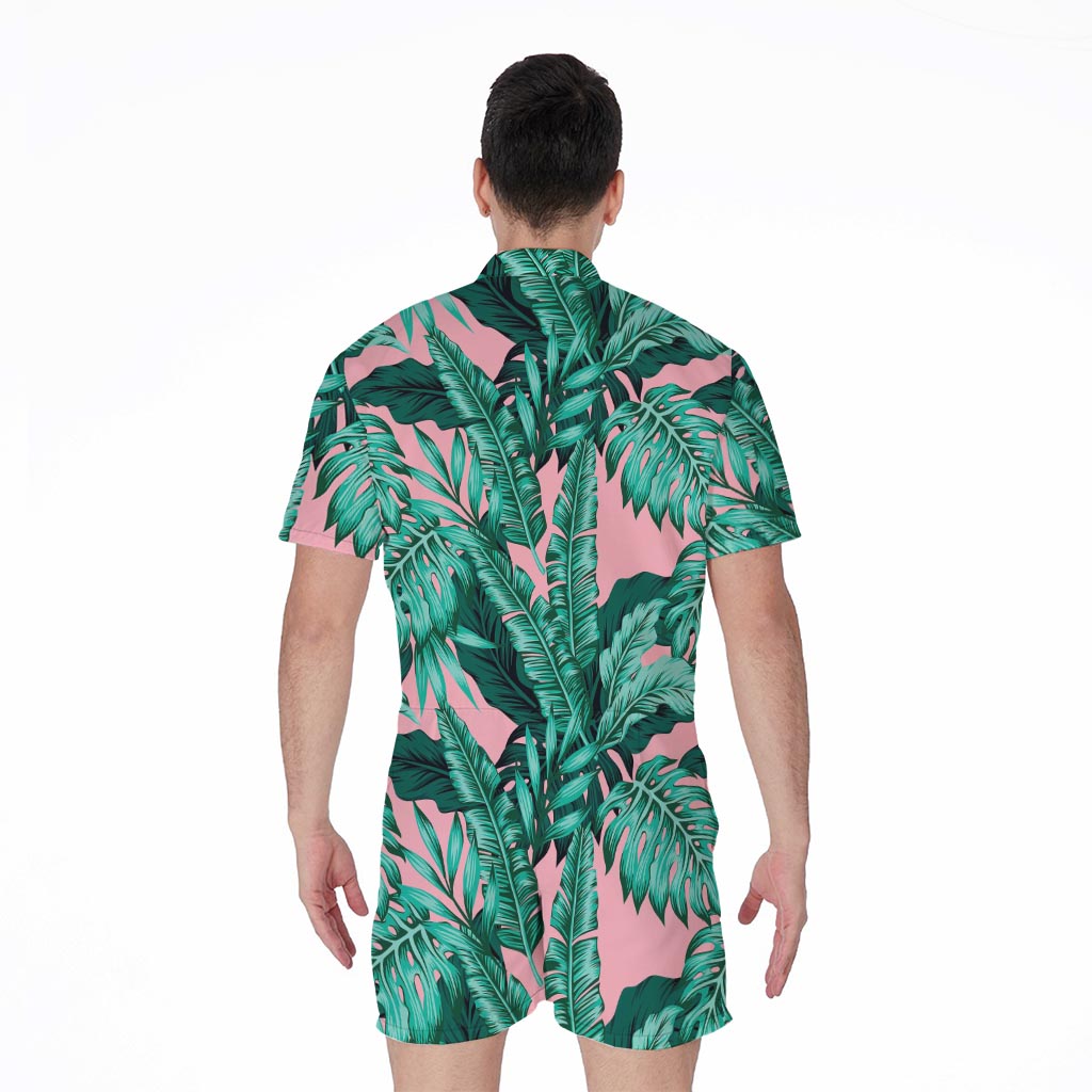 Teal Banana Leaves Pattern Print Men's Rompers