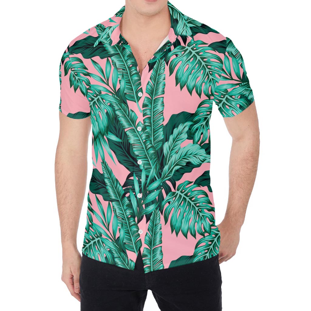 Teal Banana Leaves Pattern Print Men's Shirt