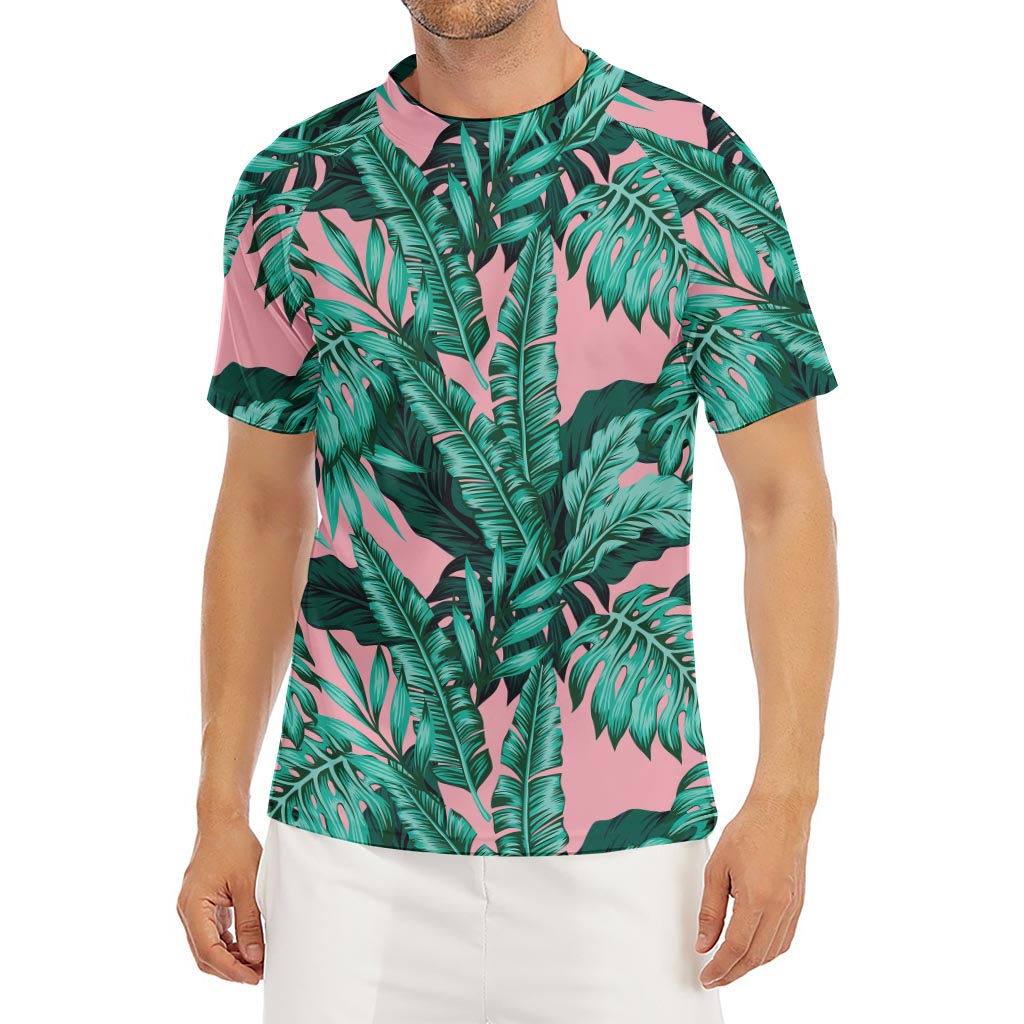 Teal Banana Leaves Pattern Print Men's Short Sleeve Rash Guard