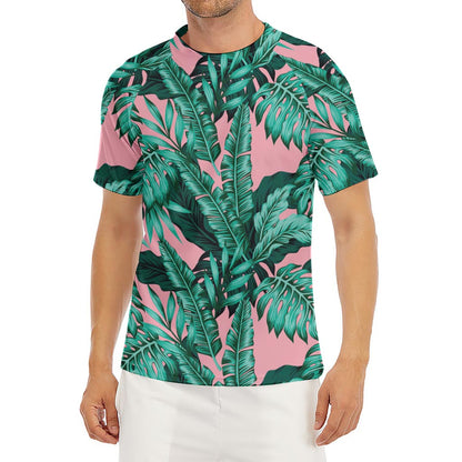 Teal Banana Leaves Pattern Print Men's Short Sleeve Rash Guard