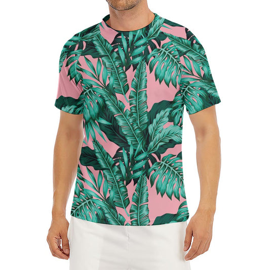 Teal Banana Leaves Pattern Print Men's Short Sleeve Rash Guard