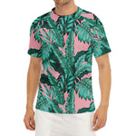 Teal Banana Leaves Pattern Print Men's Short Sleeve Rash Guard