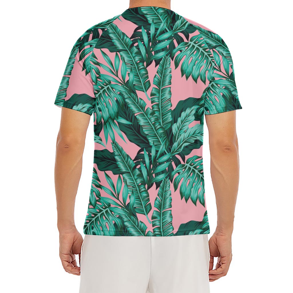 Teal Banana Leaves Pattern Print Men's Short Sleeve Rash Guard