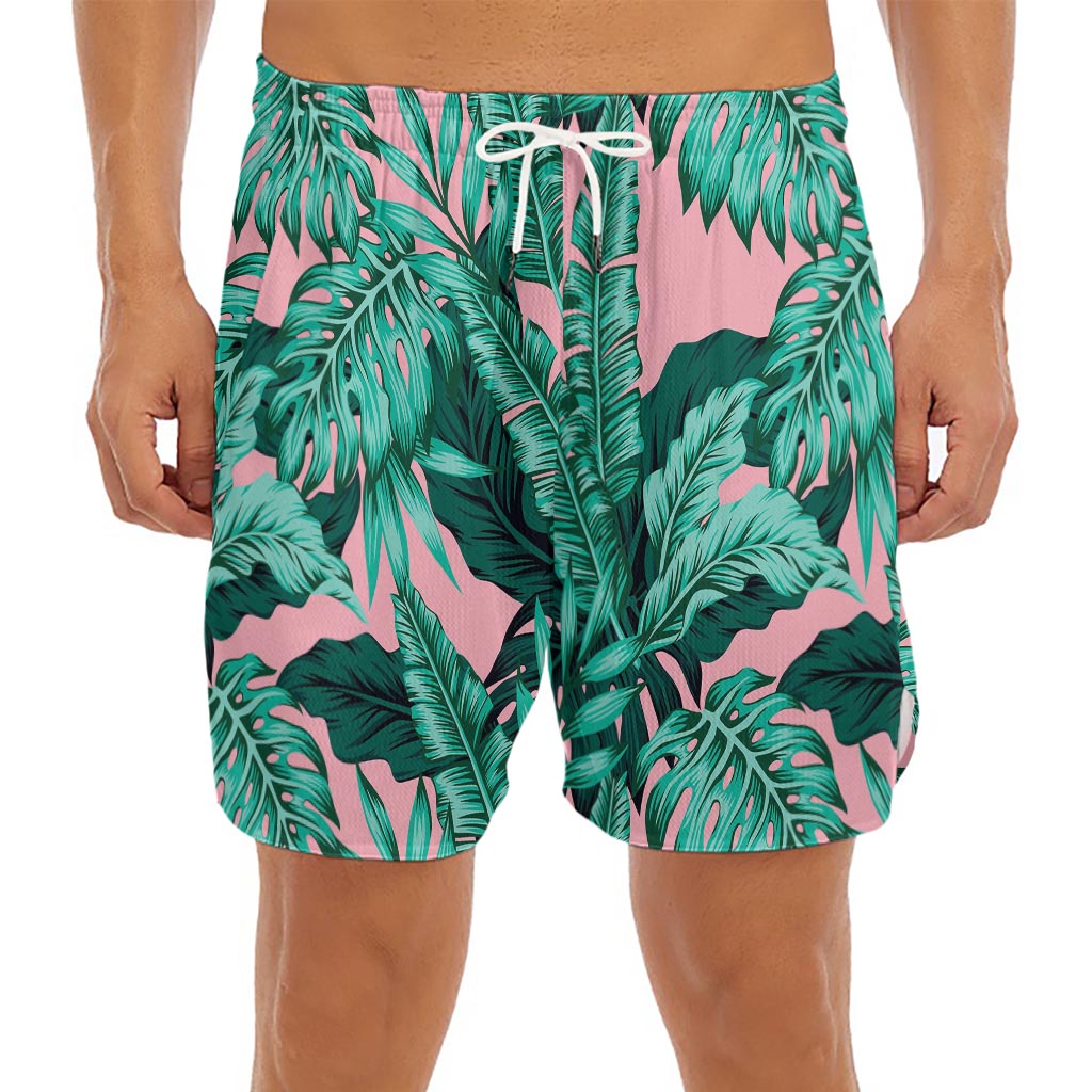 Teal Banana Leaves Pattern Print Men's Split Running Shorts