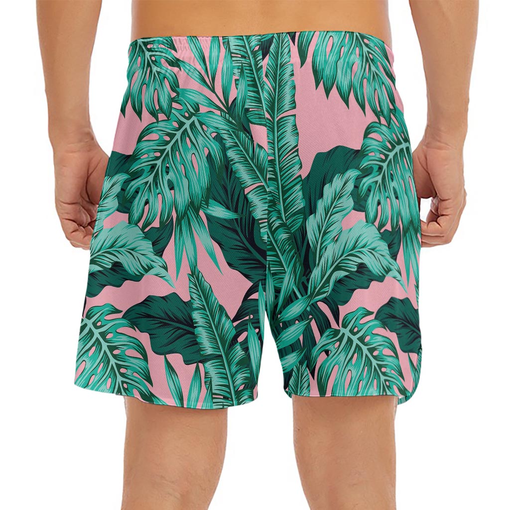 Teal Banana Leaves Pattern Print Men's Split Running Shorts