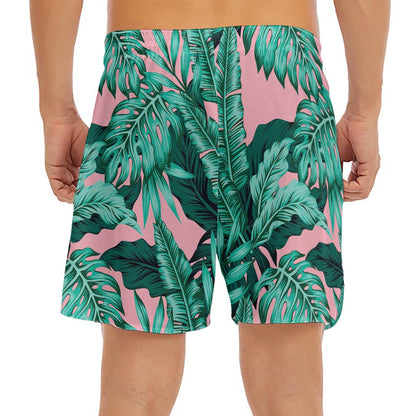 Teal Banana Leaves Pattern Print Men's Split Running Shorts