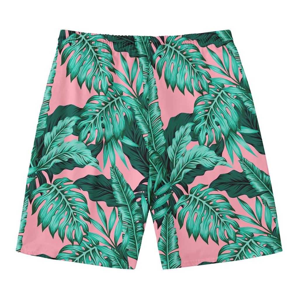 Teal Banana Leaves Pattern Print Men's Swim Trunks