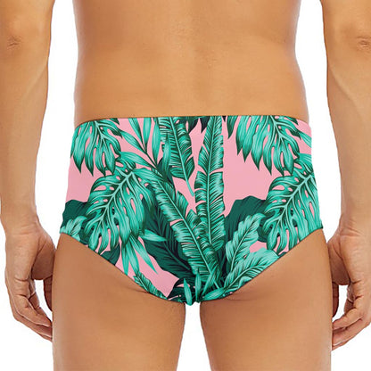 Teal Banana Leaves Pattern Print Men's Triangle Swim Briefs
