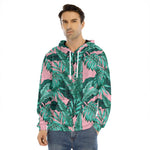 Teal Banana Leaves Pattern Print Men's Velvet Pullover Hoodie