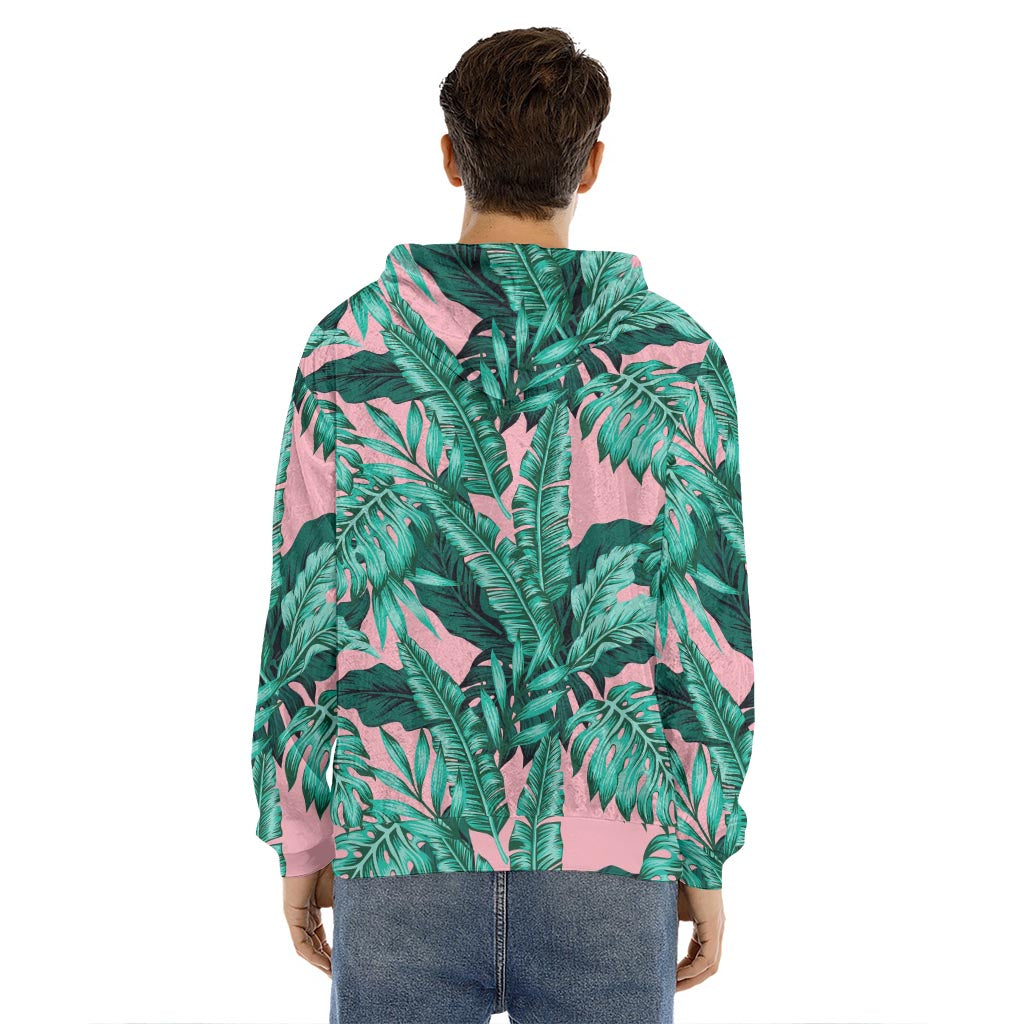 Teal Banana Leaves Pattern Print Men's Velvet Pullover Hoodie