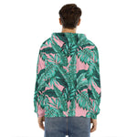 Teal Banana Leaves Pattern Print Men's Velvet Pullover Hoodie