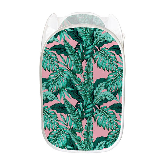 Teal Banana Leaves Pattern Print Mesh Laundry Hamper