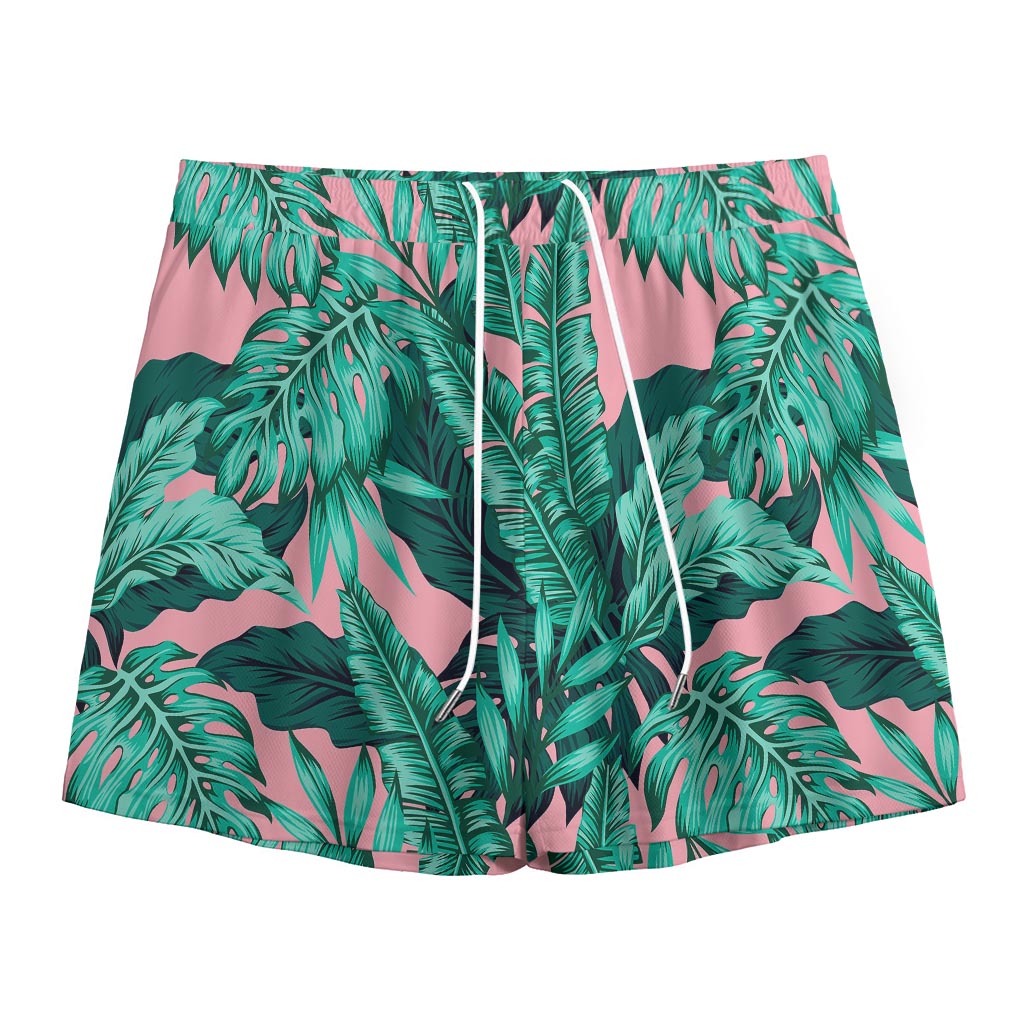 Teal Banana Leaves Pattern Print Mesh Shorts