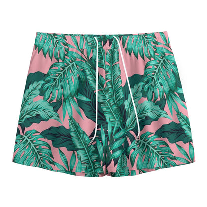 Teal Banana Leaves Pattern Print Mesh Shorts