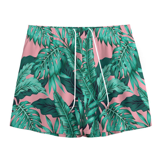 Teal Banana Leaves Pattern Print Mesh Shorts