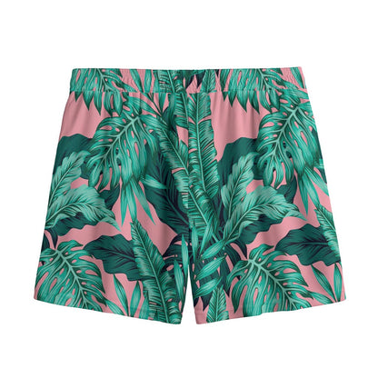 Teal Banana Leaves Pattern Print Mesh Shorts