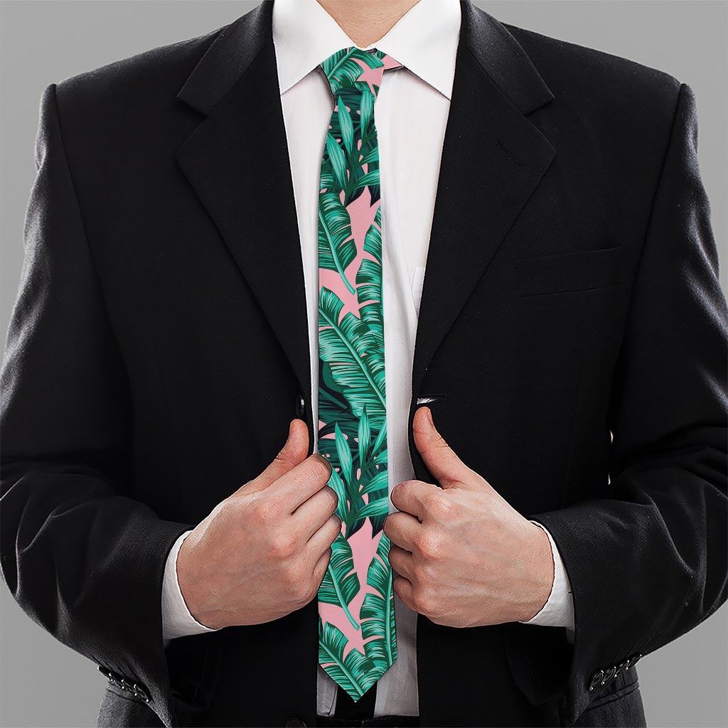 Teal Banana Leaves Pattern Print Necktie