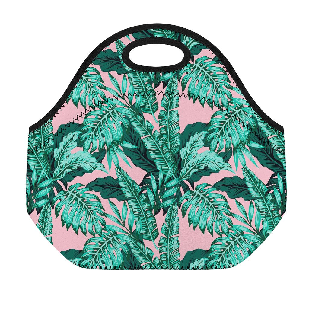 Teal Banana Leaves Pattern Print Neoprene Lunch Bag