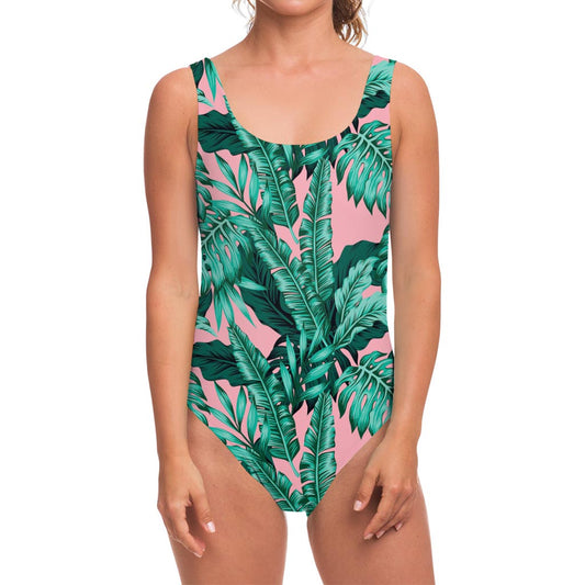 Teal Banana Leaves Pattern Print One Piece Swimsuit