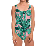 Teal Banana Leaves Pattern Print One Piece Swimsuit