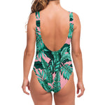 Teal Banana Leaves Pattern Print One Piece Swimsuit