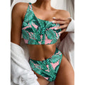 Teal Banana Leaves Pattern Print One Shoulder Bikini Set