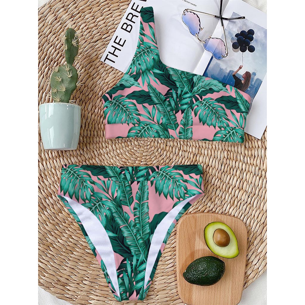 Teal Banana Leaves Pattern Print One Shoulder Bikini Top