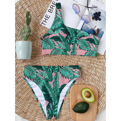 Teal Banana Leaves Pattern Print One Shoulder Bikini Top