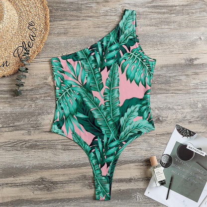 Teal Banana Leaves Pattern Print One Shoulder Bodysuit