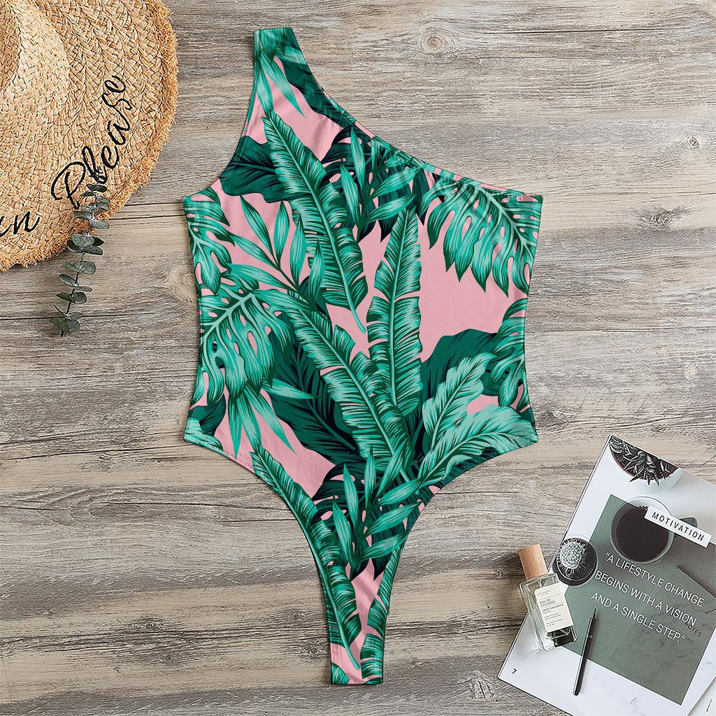 Teal Banana Leaves Pattern Print One Shoulder Bodysuit