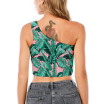 Teal Banana Leaves Pattern Print One Shoulder Crop Top