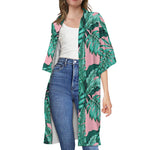 Teal Banana Leaves Pattern Print Open Front Beach Cover Up