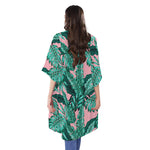 Teal Banana Leaves Pattern Print Open Front Beach Cover Up