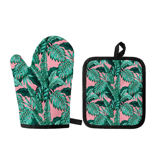 Teal Banana Leaves Pattern Print Oven Mitt And Pot Holder Set