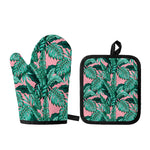 Teal Banana Leaves Pattern Print Oven Mitt And Pot Holder Set